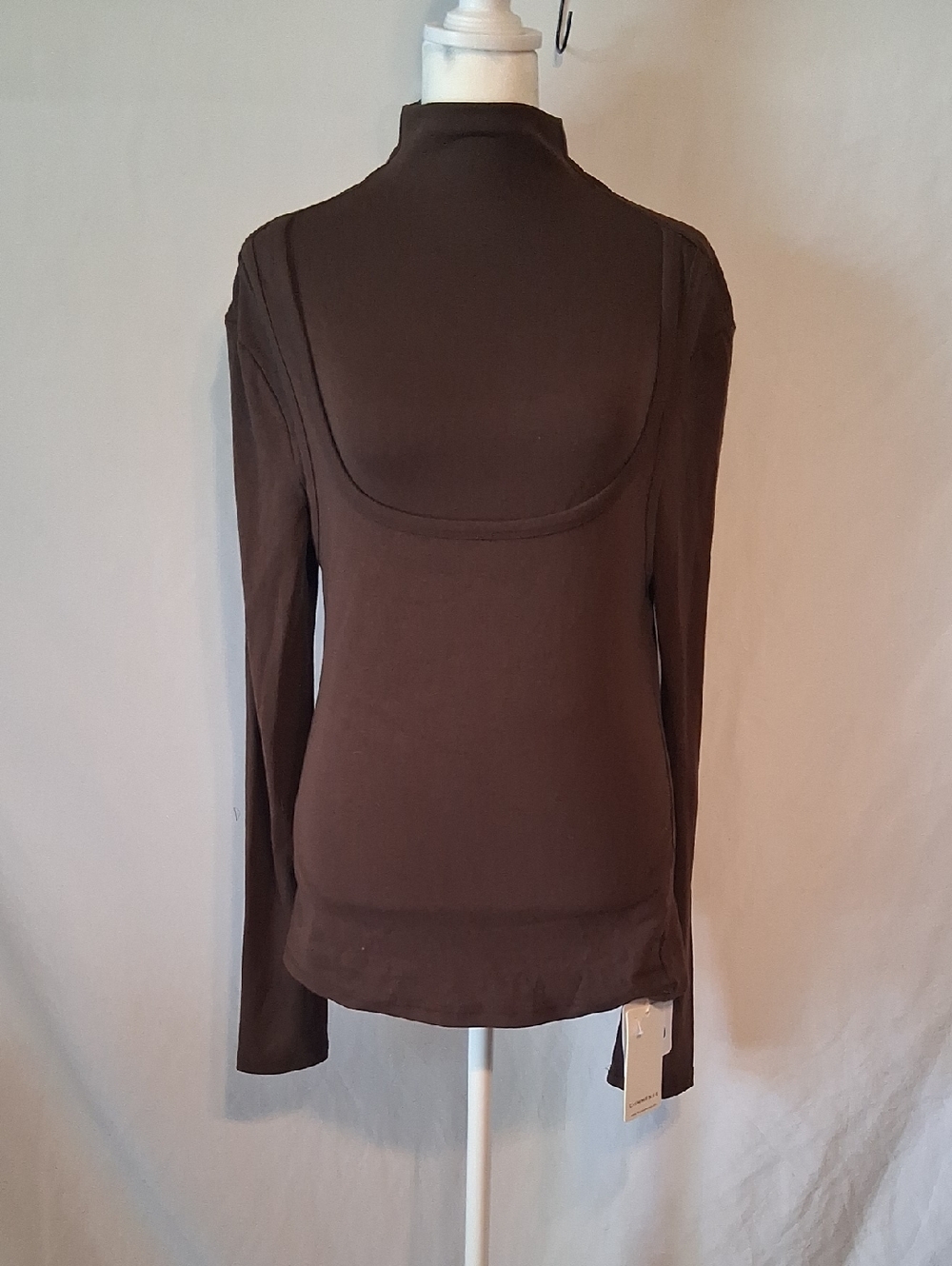 Commense Chocolate Brown Long-Sleeve 2 in 1 Mock Neck Jersey Top